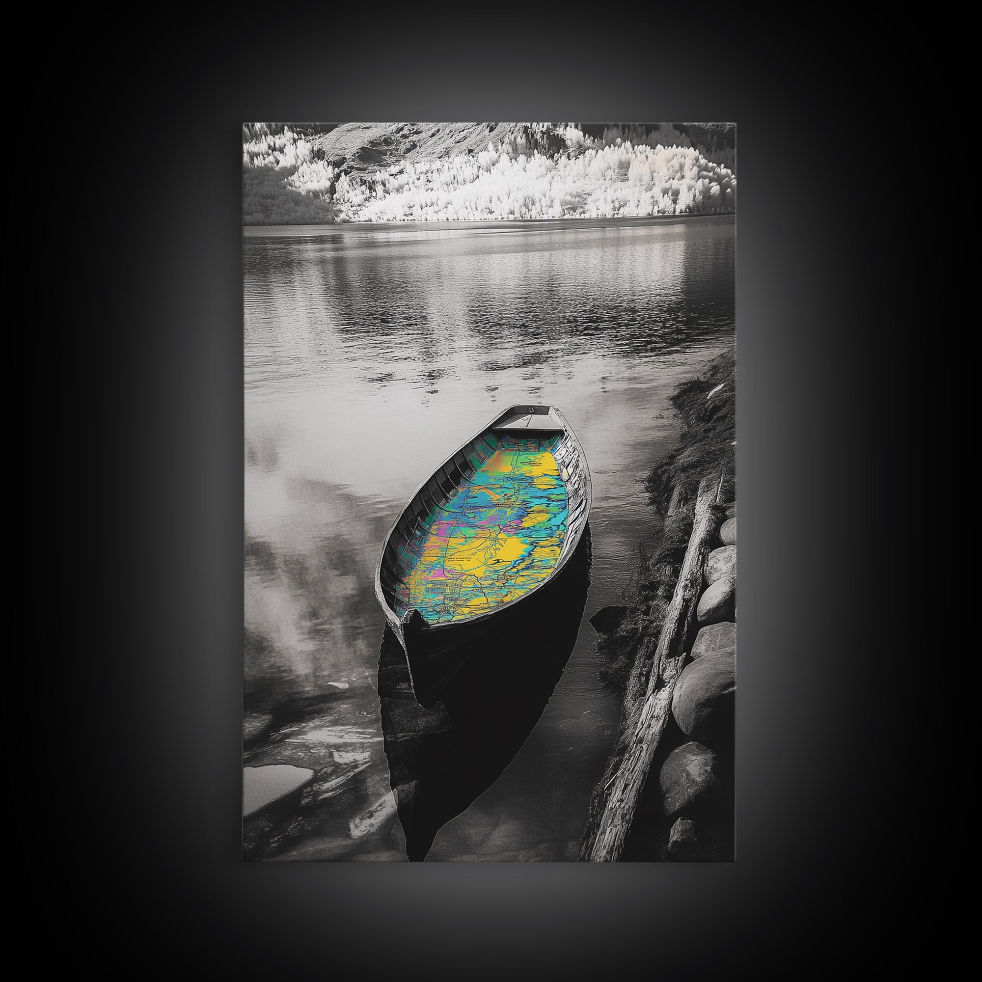 Rowboat Map Interior, Lake Reflections, Artistic Travel Theme, Canvas Print, Cabin Wall Art, Unique Lake House Decor, Explorer Style