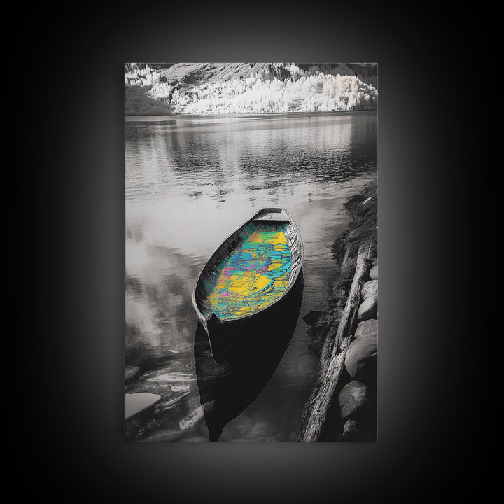 Rowboat Map Interior, Lake Reflections, Artistic Travel Theme, Canvas Print, Cabin Wall Art, Unique Lake House Decor, Explorer Style