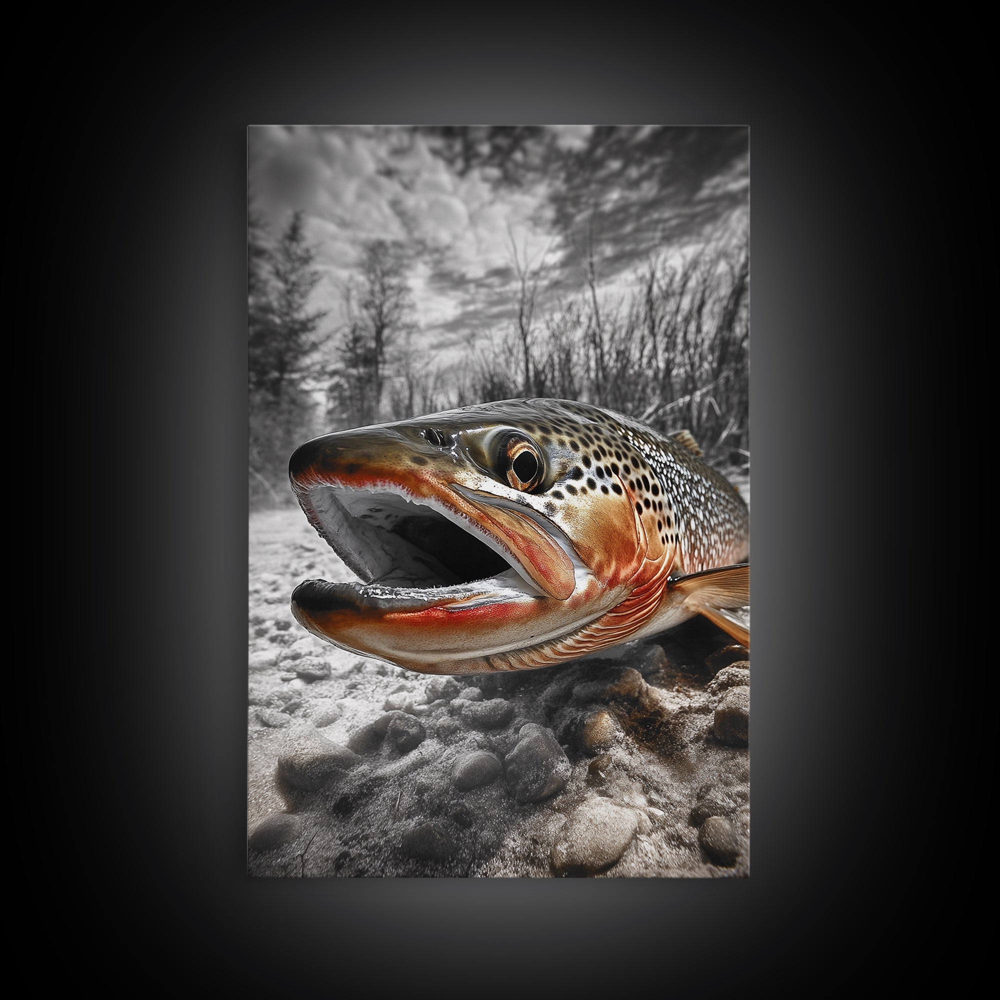 Brown Trout Closeup, Riverbed Focus, Dramatic Fish Art, Framed Canvas Print, Fisherman Gift, Cabin Wall Art, Rustic Outdoor Decor