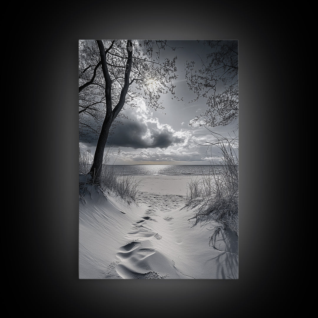 Beach Dunes Sunset, Seaside Escape, Quiet Shore Path, Coastal Calm, Framed Canvas Print, neutral coastal art,  bathroom wall decor