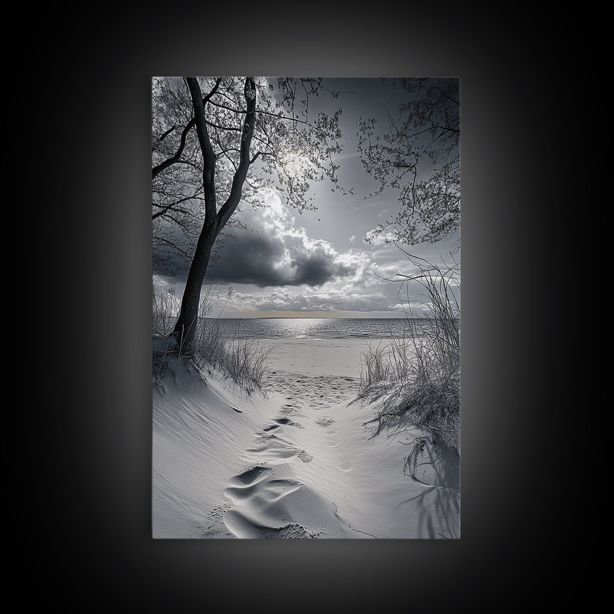 Beach Dunes Sunset, Seaside Escape, Quiet Shore Path, Coastal Calm, Framed Canvas Print, neutral coastal art,  bathroom wall decor