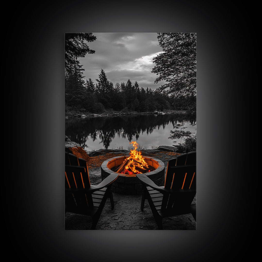 Campfire Chairs Lake, Autumn Firepit Scene, Rustic Retreat, Cabin Escape, Framed Canvas Print, cozy wall art, man cave cabin decor