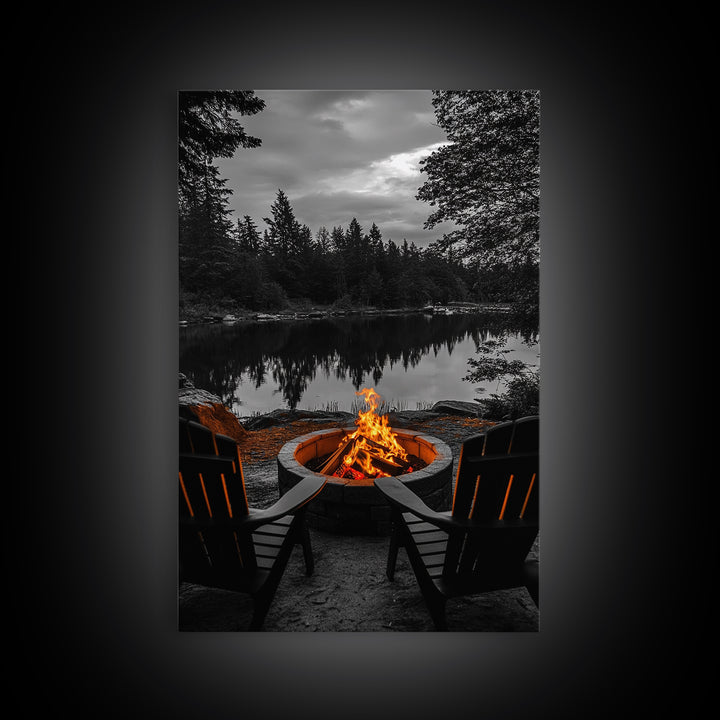 Campfire Chairs Lake, Autumn Firepit Scene, Rustic Retreat, Cabin Escape, Framed Canvas Print, cozy wall art, man cave cabin decor