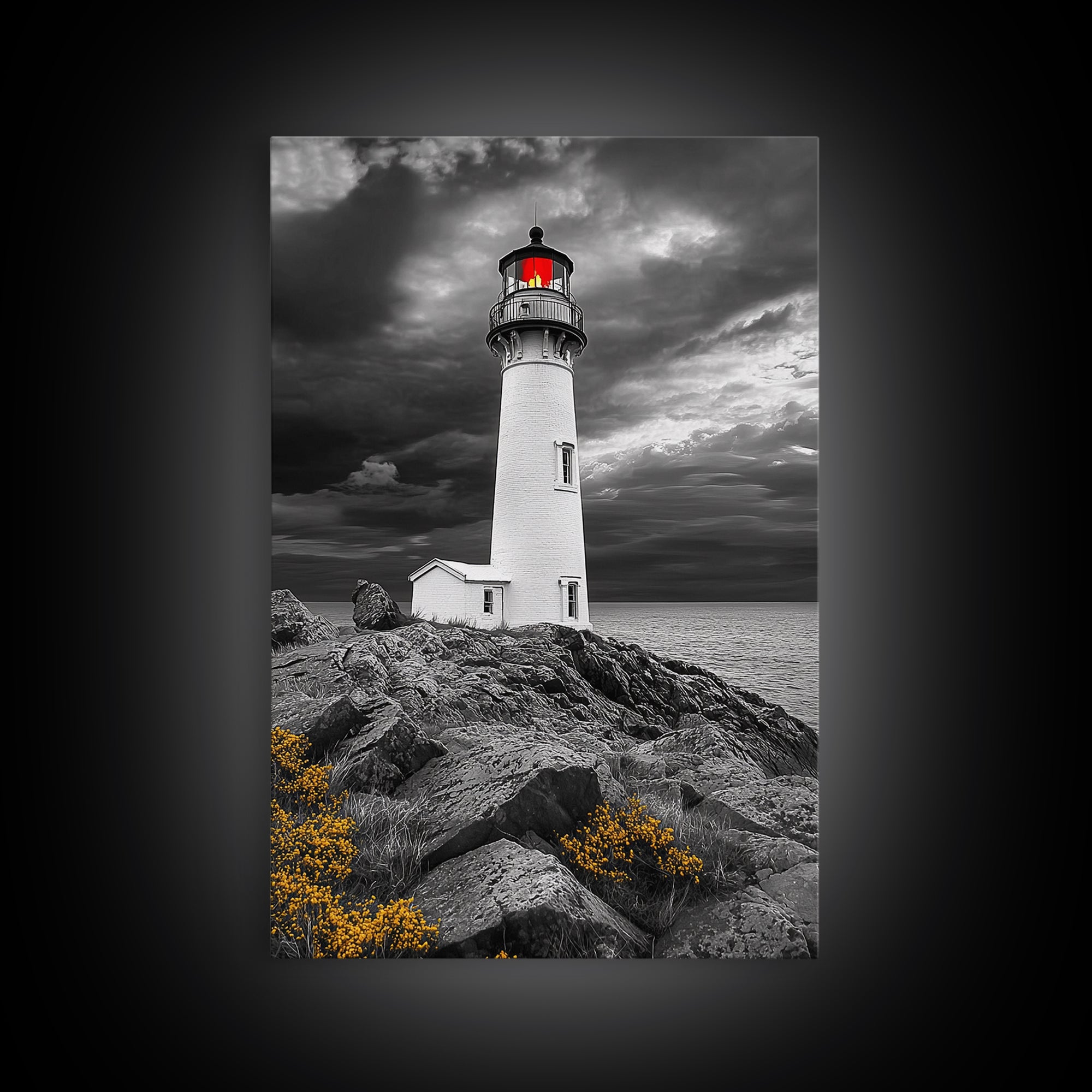 Red Beacon Lighthouse, Rocky Coast Light, Dramatic Storm Sky, Ocean Guide, Framed Canvas Print, nautical office wall art, bold coastal art