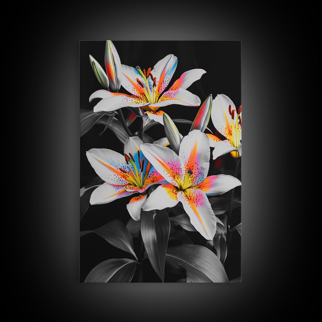 Neon Lily, Floral Bloom, Vibrant Flower, Botanical Framed Canvas Print, Color Pop Wall Art, Bedroom Floral Art, Bold Nature Decor