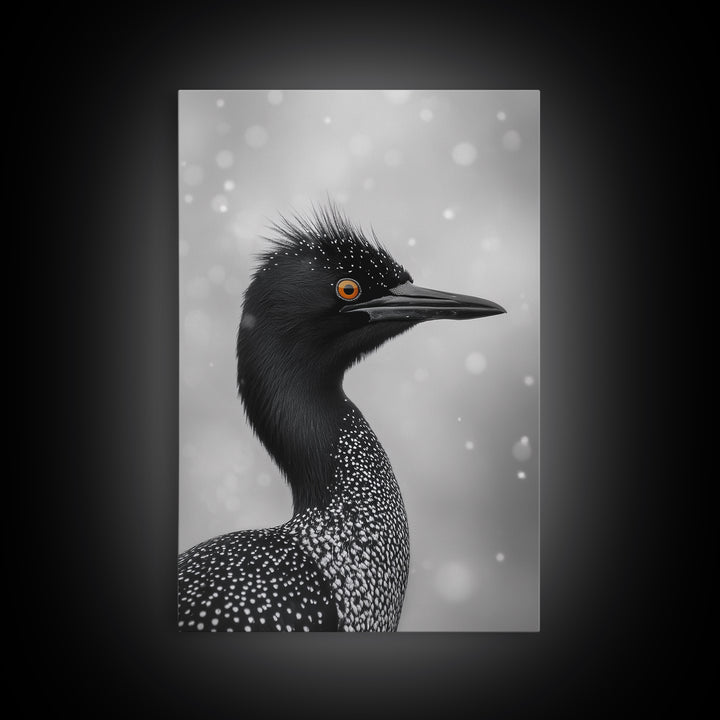 Black Loon, Bird Closeup, Snowy Glow, Winter Nature Canvas Print, Wildlife Wall Art, Modern Bedroom Decor, Birdwatcher Gift Print