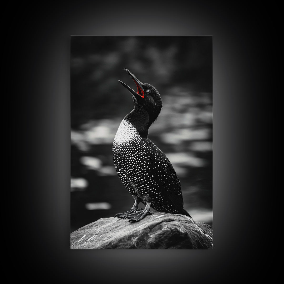 Loon Call, Singing Bird, Red Beak, Monochrome Framed Canvas Print, Wildlife Wall Decor, Bird Lover Wall Art, Rustic Cabin Accent