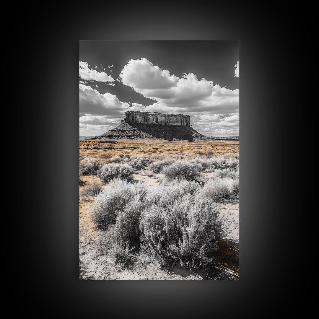 Desert Plateau View, Western Landscape Art, Rustic Nature Decor, Yellow Sagebrush, Framed Canvas Print, Southwestern Living Room Art