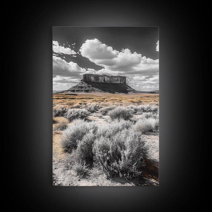 Desert Plateau View, Western Landscape Art, Rustic Nature Decor, Yellow Sagebrush, Framed Canvas Print, Southwestern Living Room Art