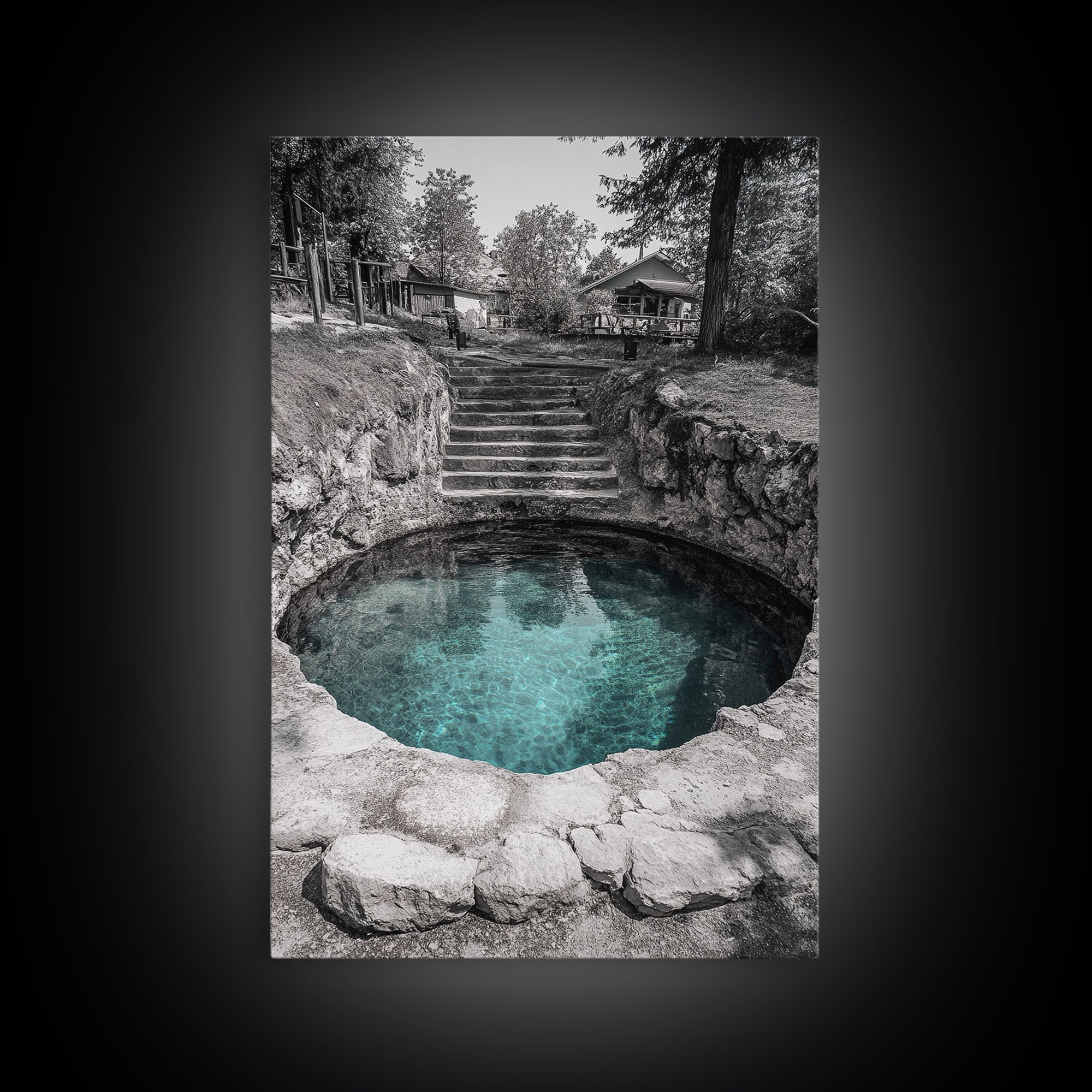 Hidden Spring Pool, Stone Garden Scene, Tranquil Nature Print, Zen Wall Decor, Framed Canvas Print, Minimalist Bathroom Wall Art