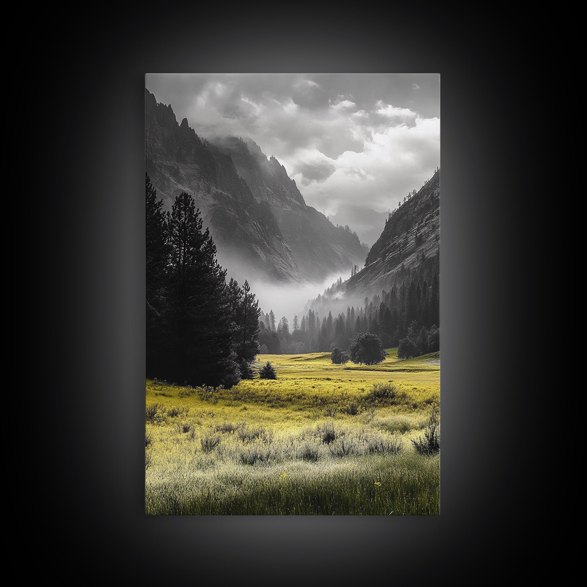 Yellow Meadow Valley, Foggy Mountain Scene, Serene Landscape Photography, Framed Canvas Print, Nature Lover Living Room Wall Art