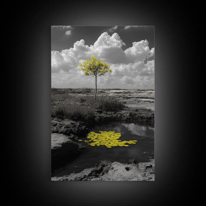 Solitary Tree, Desert Reflection, Yellow Leaves, Framed Canvas Print, Minimalist Wall Art, Bedroom Decor, Nature Fine Art Landscape