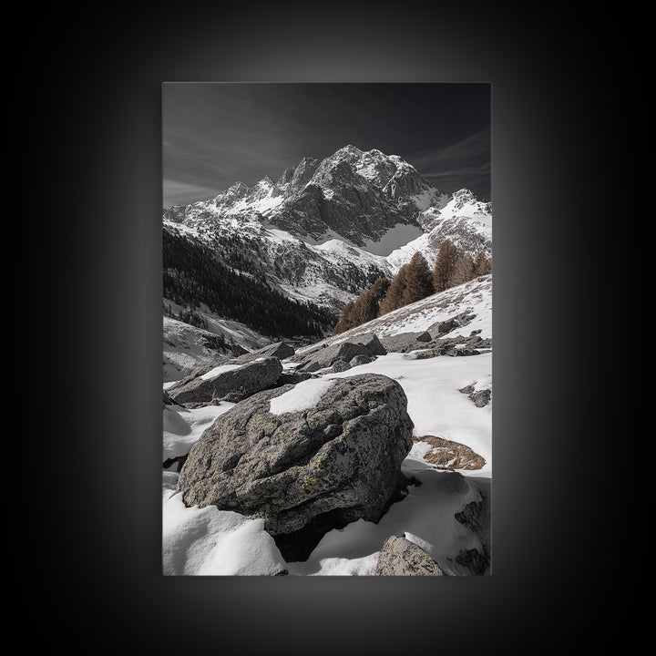 Snowy Alpine Scene, Winter Mountainscape, Nature Photography, Framed Canvas Print, Lodge Wall Art, Cabin Decor, Black and White Art
