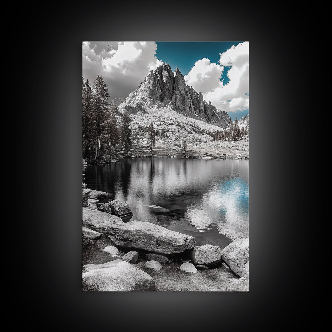 Crystal Lake Peaks, Serene Mountain Reflection, Monochrome Water Scene, Canvas Print, Bedroom Wall Art, Nature Photography Decor