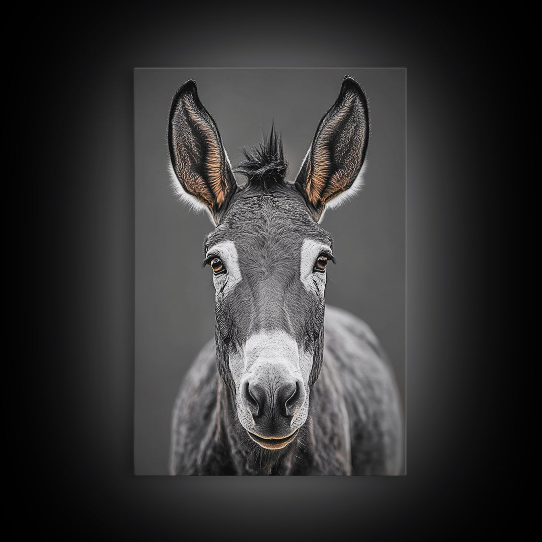 Donkey Close-Up, Rustic Farm Animal, Black and White Portrait, Canvas Print, Farmhouse Kitchen Art, Country Animal Wall Decor