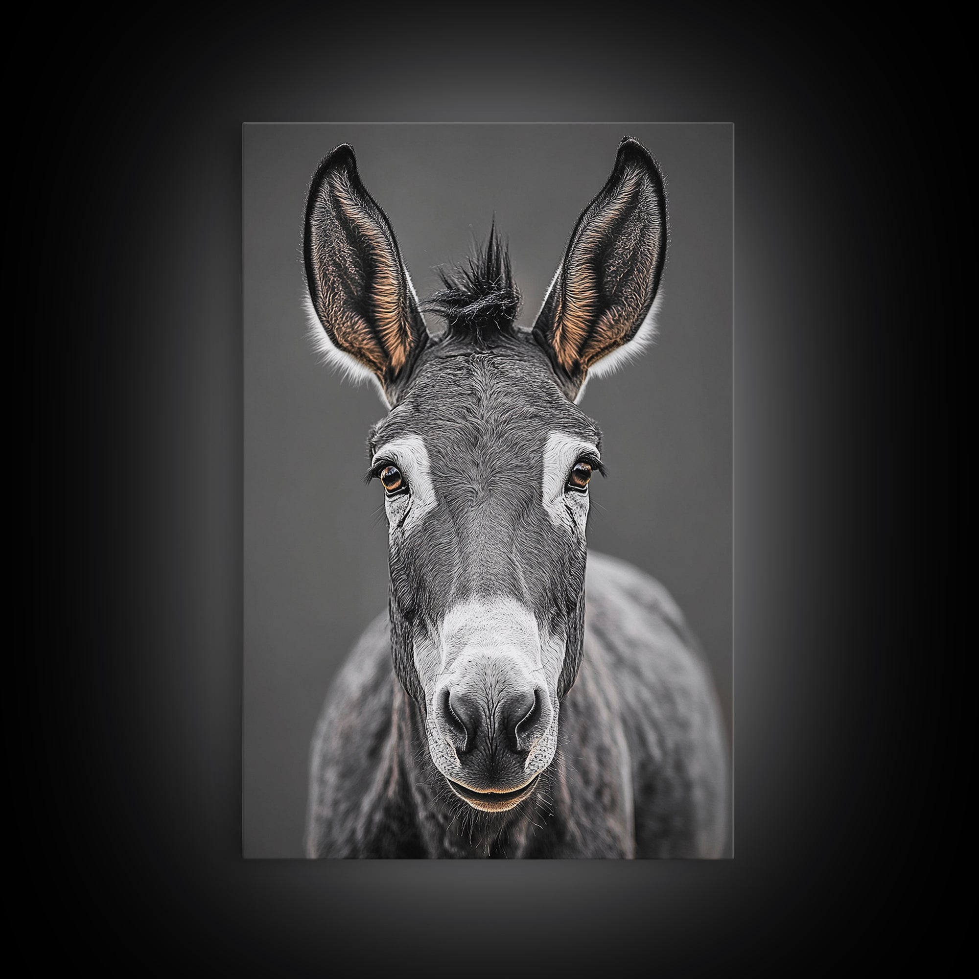 Donkey Close-Up, Rustic Farm Animal, Black and White Portrait, Canvas Print, Farmhouse Kitchen Art, Country Animal Wall Decor