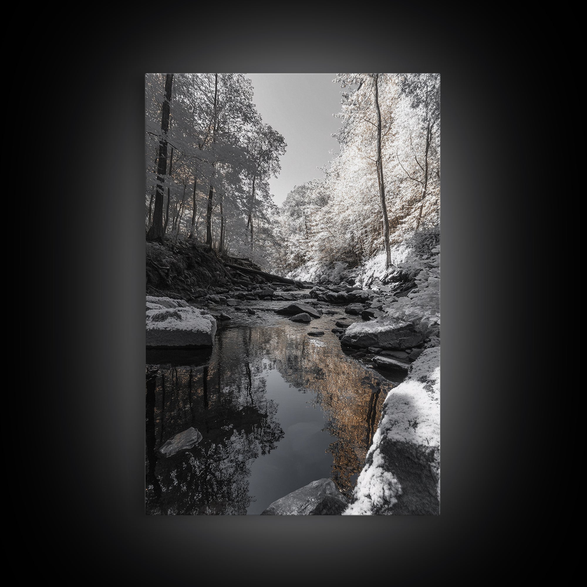 Autumn Creek Walk, Monochrome Forest Stream, Fall Reflections, Framed Canvas Print, Entryway Wall Art, Nature Trail Photography Decor