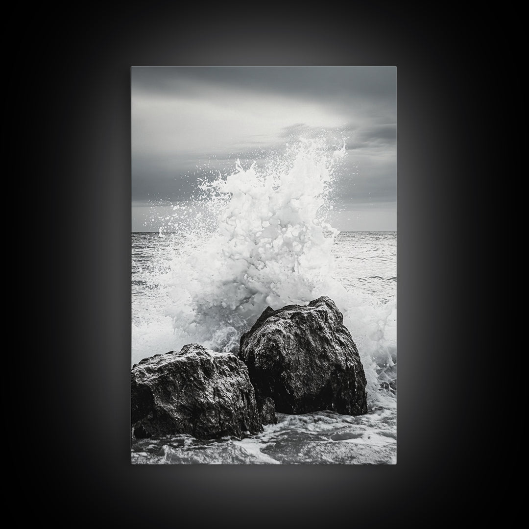 Ocean Splash, Rocky Coast, Dramatic Seascape, Monochrome Power, Framed Canvas Print, Coastal Wall Art, Entryway or Office Decor