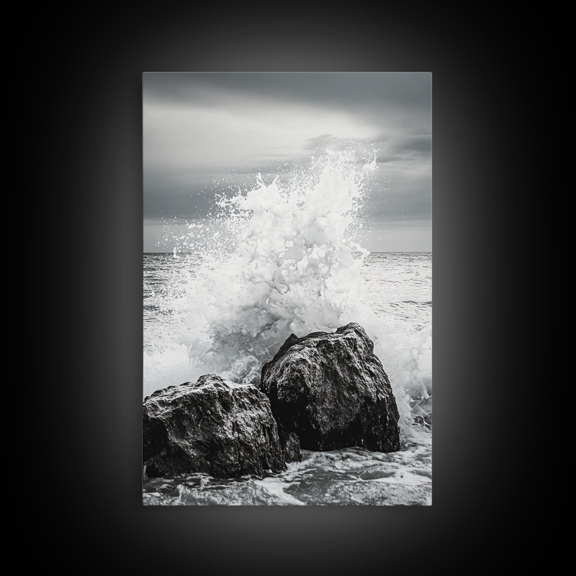 Ocean Splash, Rocky Coast, Dramatic Seascape, Monochrome Power, Framed Canvas Print, Coastal Wall Art, Entryway or Office Decor