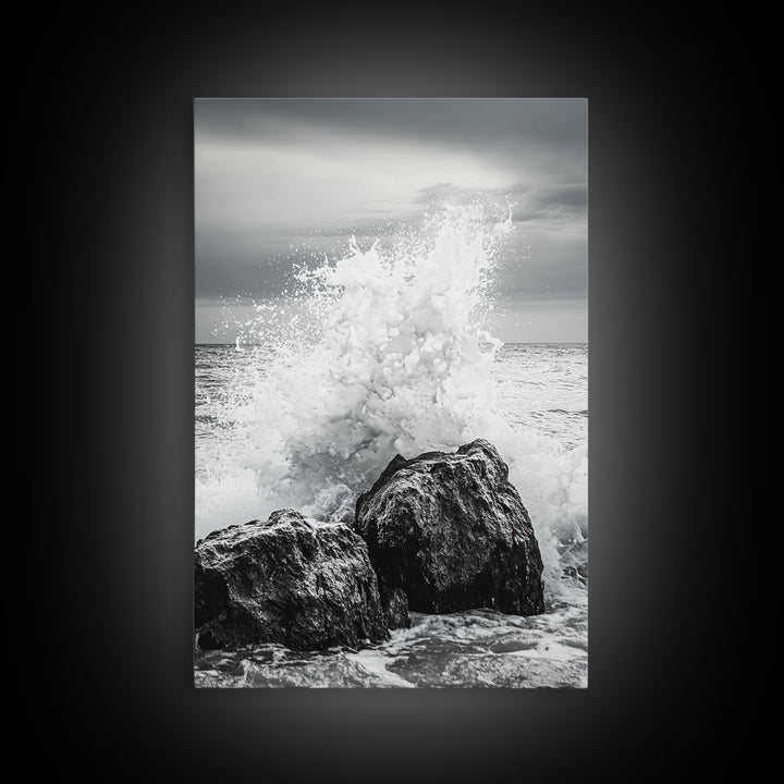 Ocean Splash, Rocky Coast, Dramatic Seascape, Monochrome Power, Framed Canvas Print, Coastal Wall Art, Entryway or Office Decor