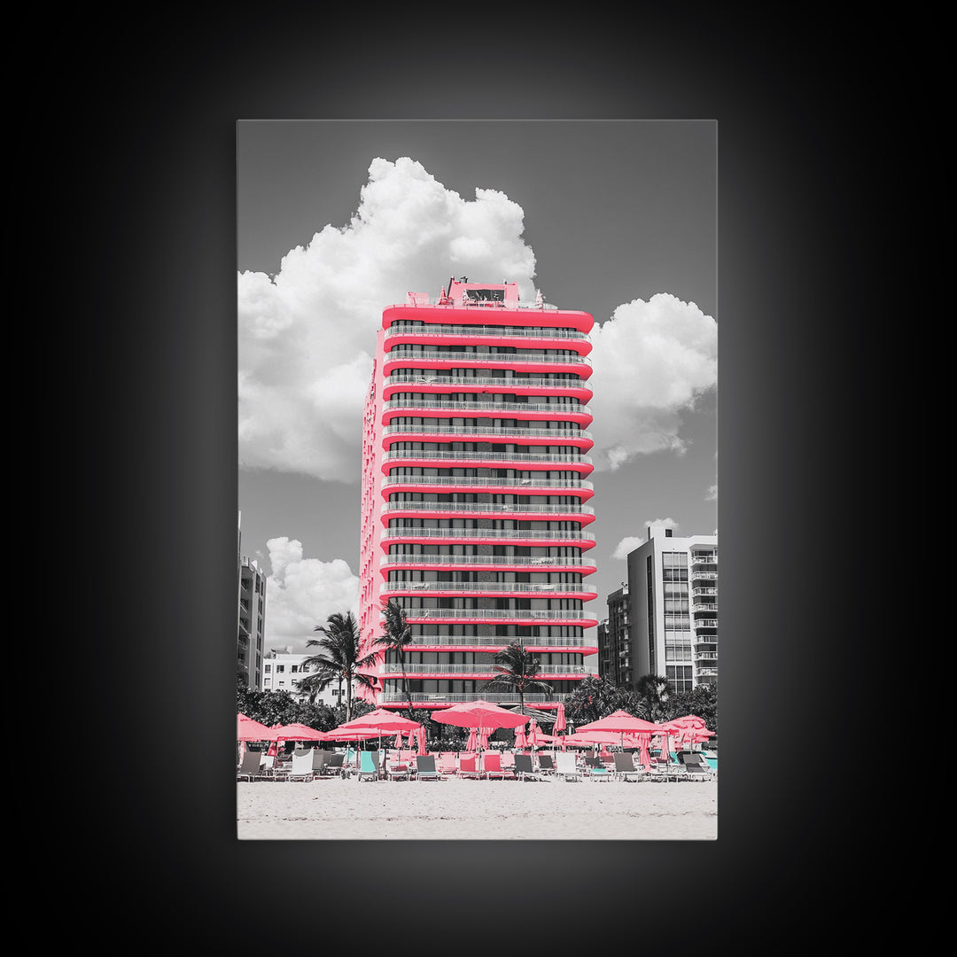 Pink Hotel, Miami Vibes, Summer Retro, Beach Scene, Canvas Print, Pop Art Aesthetic, Living Room Wall Art, Vacation Style