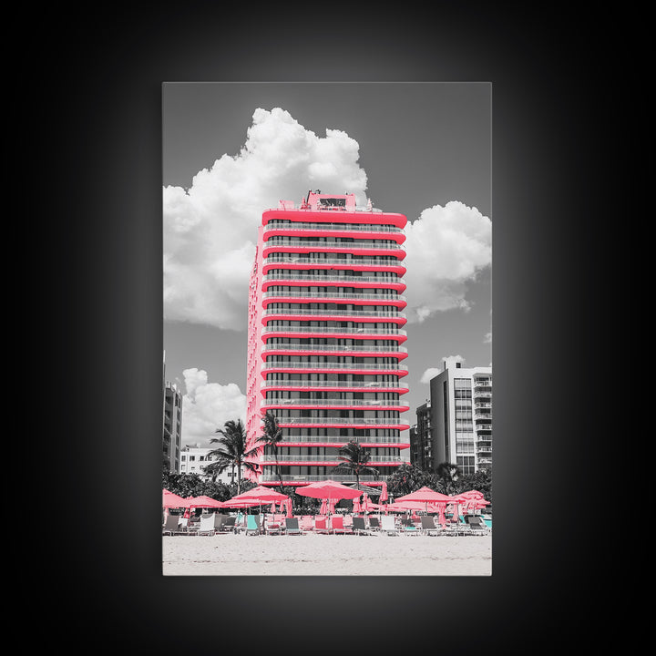 Pink Hotel, Miami Vibes, Summer Retro, Beach Scene, Canvas Print, Pop Art Aesthetic, Living Room Wall Art, Vacation Style
