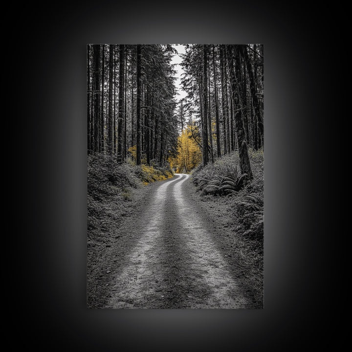 Forest Path, Yellow Trees, Autumn Trail, Framed Canvas Print, Fall Wall Art, Woodland Nature Decor, Cozy Home Accent, Entryway Artwork