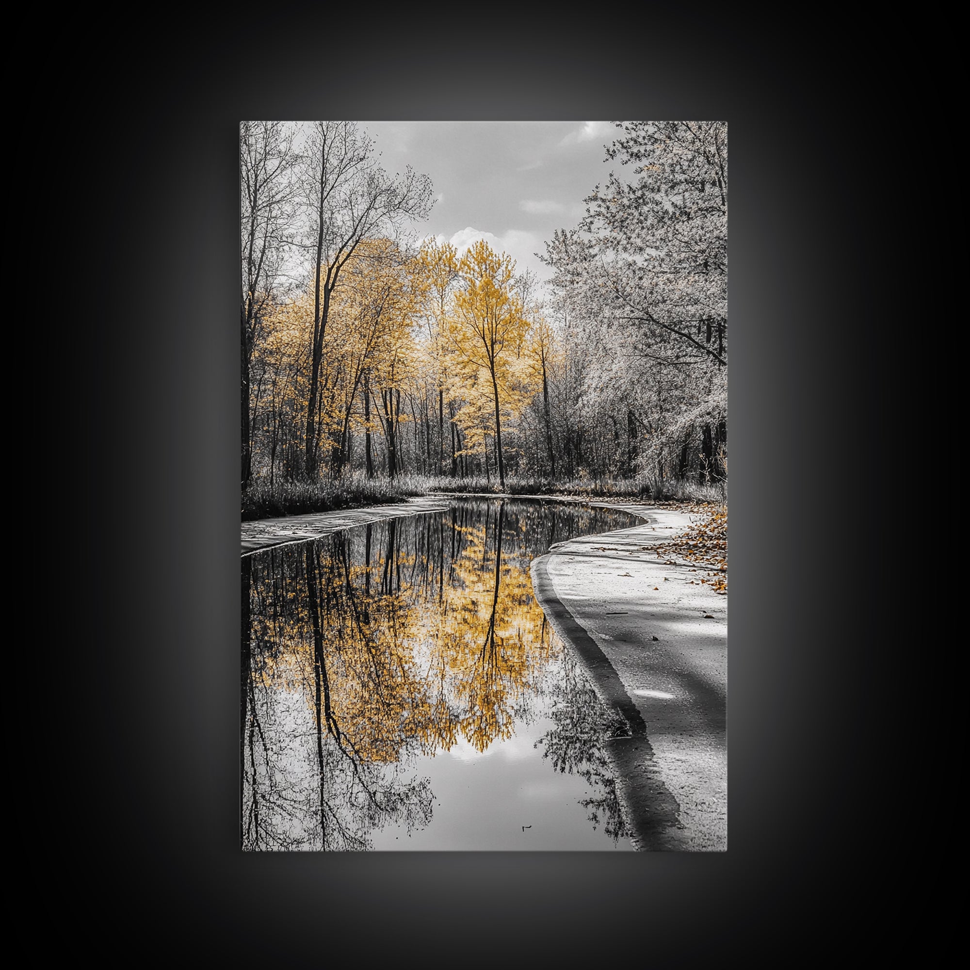 Autumn Trees, Yellow Reflection, Calm River, Nature Path, Framed Canvas Print fall landscape wall art, minimalist forest photography