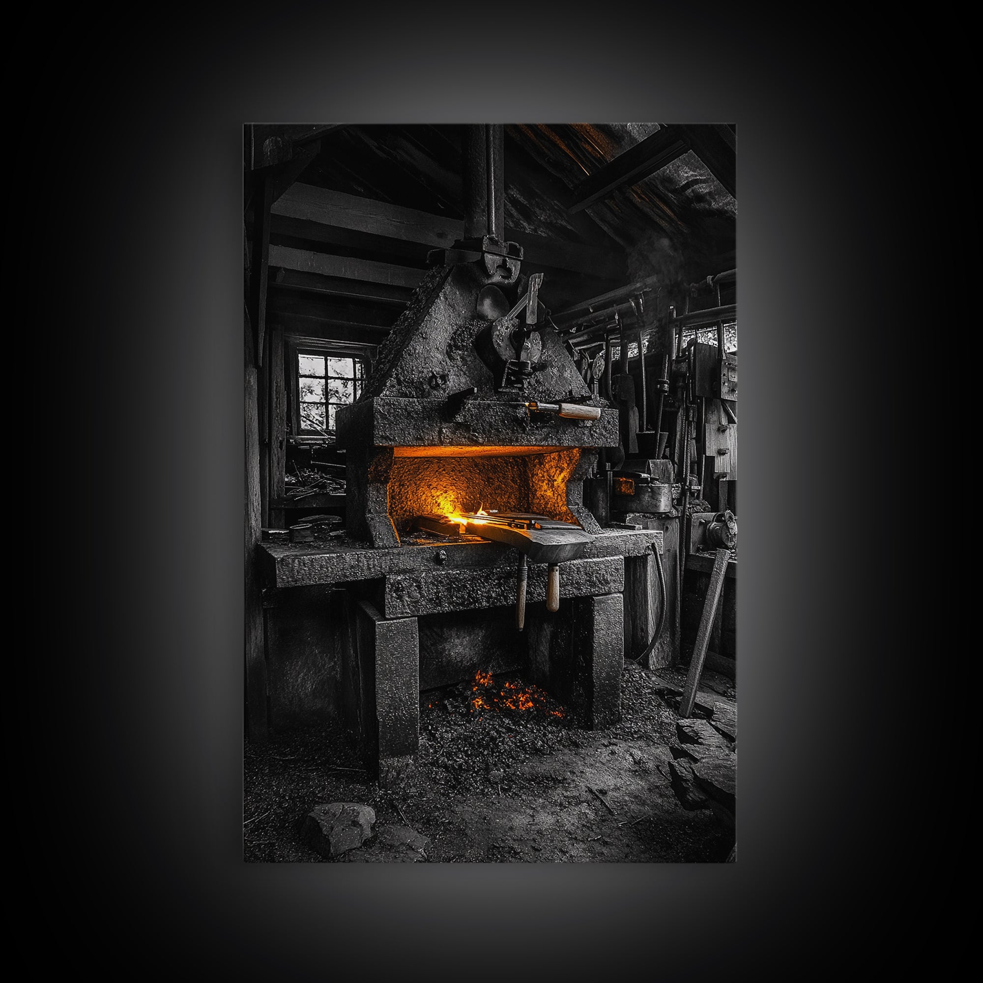 Forge Fire, Rustic Workshop, Industrial Heat, Metal Craft, Framed Canvas Print blacksmith decor, man cave wall art, moody workshop vibe