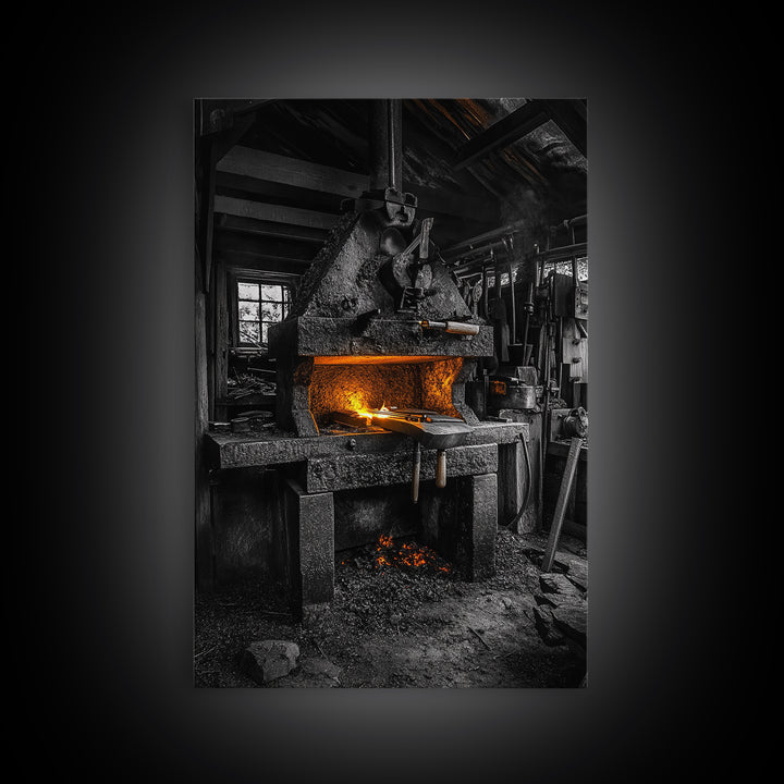 Forge Fire, Rustic Workshop, Industrial Heat, Metal Craft, Framed Canvas Print blacksmith decor, man cave wall art, moody workshop vibe