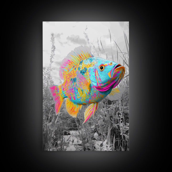 Neon Fish, Color Splash, Bright Animal, Vibrant Water, Framed Canvas Print psychedelic aquatic art, kids room fish wall decor, animal print