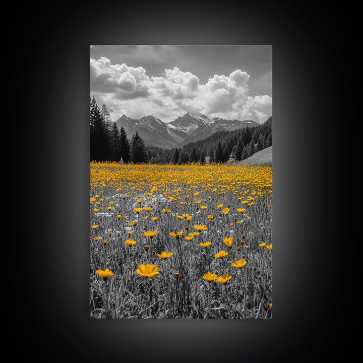 Yellow Wildflowers, Mountain Field, Blooming Meadow, Framed Canvas Print, Nature Photography, Rustic Decor, Dining Room Wall Art