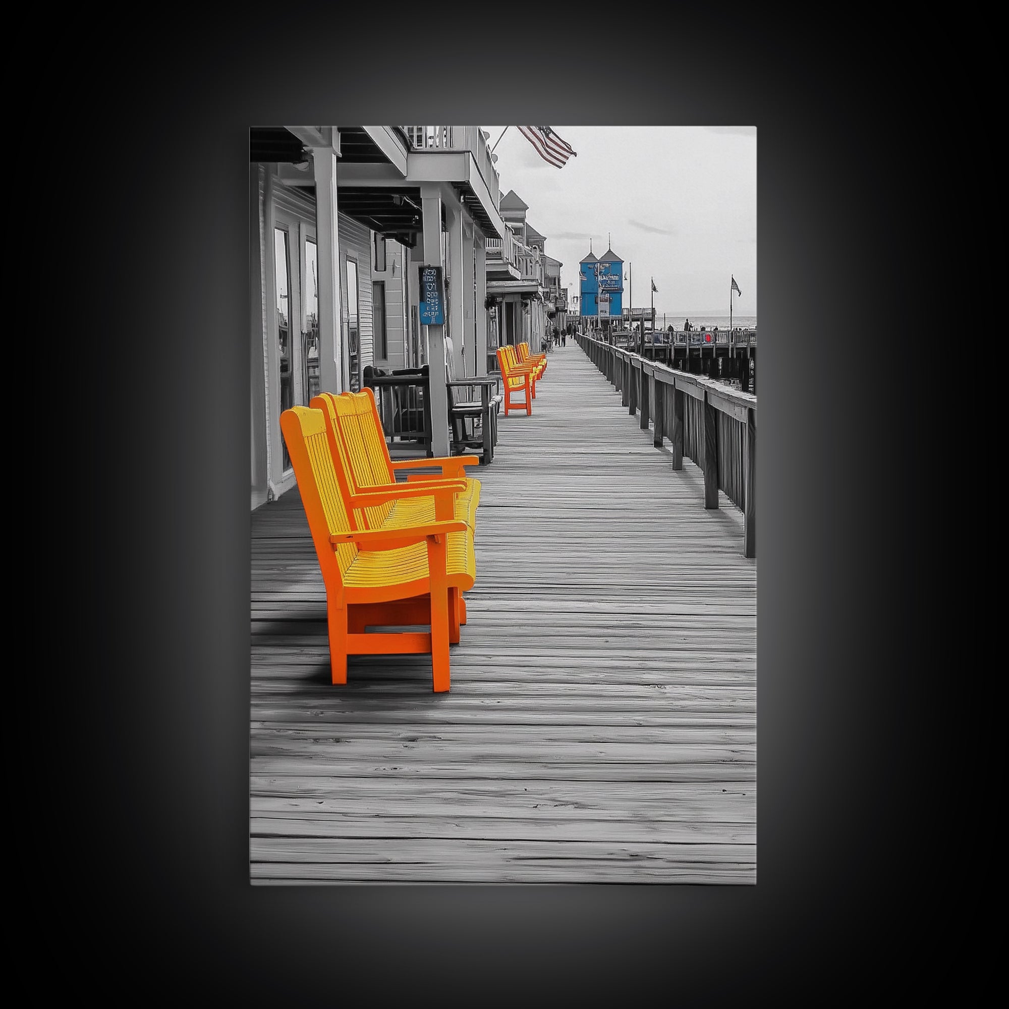 Boardwalk Chairs, Orange Seating, Coastal Town, Wooden Path, Framed Canvas Print beach town photography, nautical home decor, coastal art