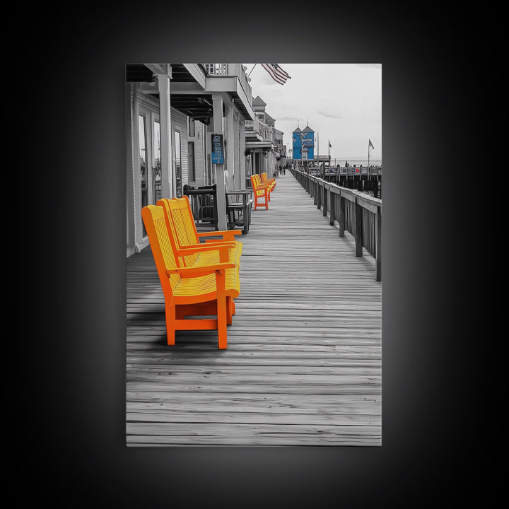 Boardwalk Chairs, Orange Seating, Coastal Town, Wooden Path, Framed Canvas Print beach town photography, nautical home decor, coastal art