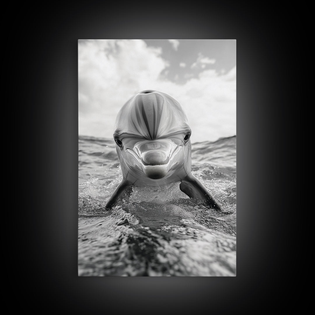 Dolphin Splash, Ocean Encounter, Monochrome Wildlife, Canvas Print, Coastal Wall Art, Bathroom Decor, Marine Animal Photography