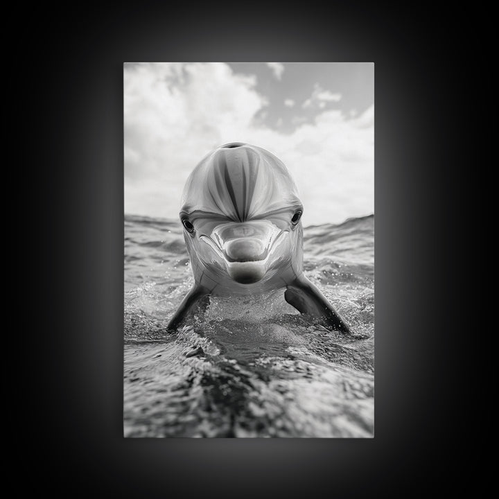 Dolphin Splash, Ocean Encounter, Monochrome Wildlife, Canvas Print, Coastal Wall Art, Bathroom Decor, Marine Animal Photography