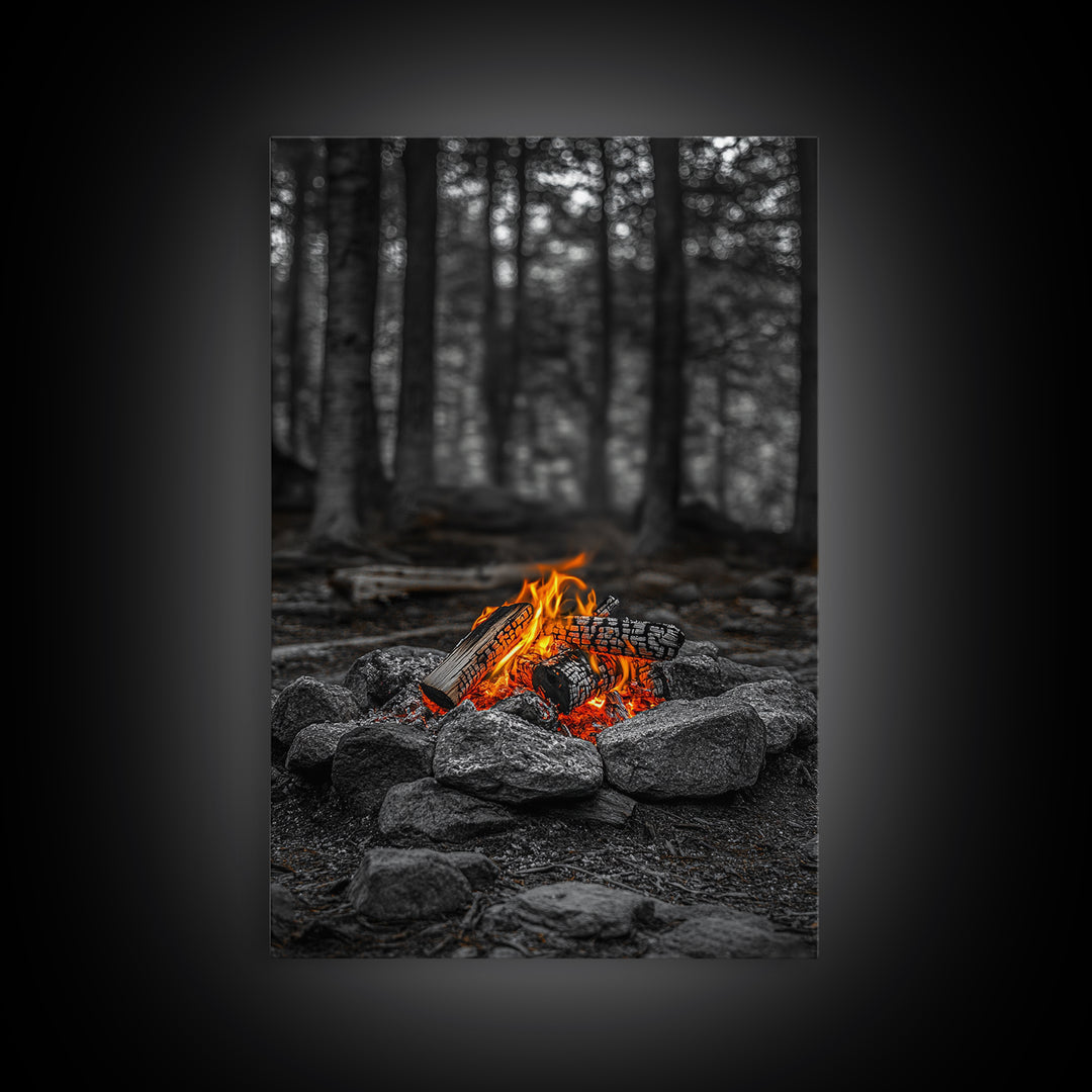 Campfire Glow, Cozy Flames, Autumn Wall Art, Framed Canvas Print, Nature Photography, Rustic Decor, Living Room Cabin Aesthetic