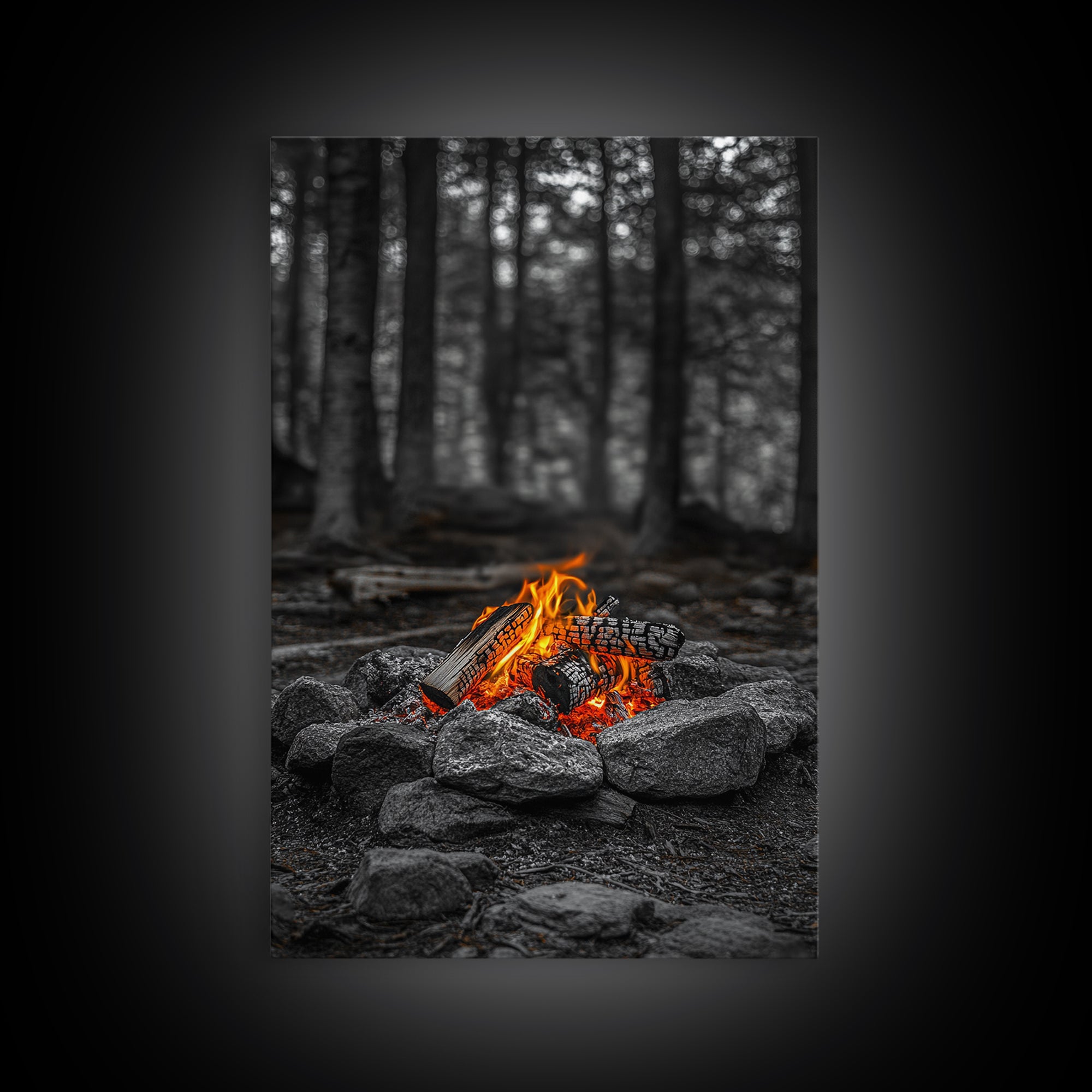 Campfire Glow, Cozy Flames, Autumn Wall Art, Framed Canvas Print, Nature Photography, Rustic Decor, Living Room Cabin Aesthetic