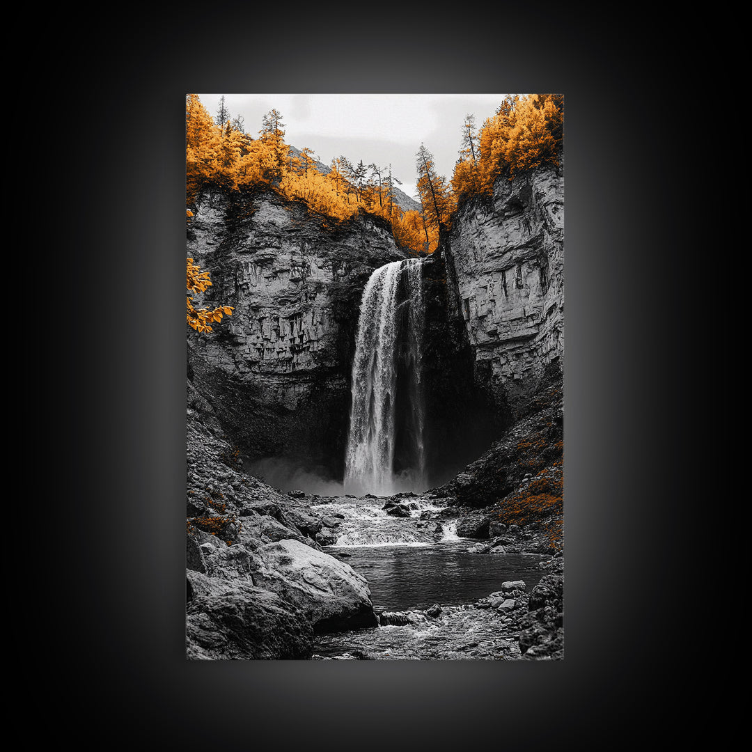 Autumn Waterfall, Forest Stream, Yellow Trees, Canvas Print, Nature Wall Art, Fall Decor, Moody Landscape Art, Living Room Wall Art