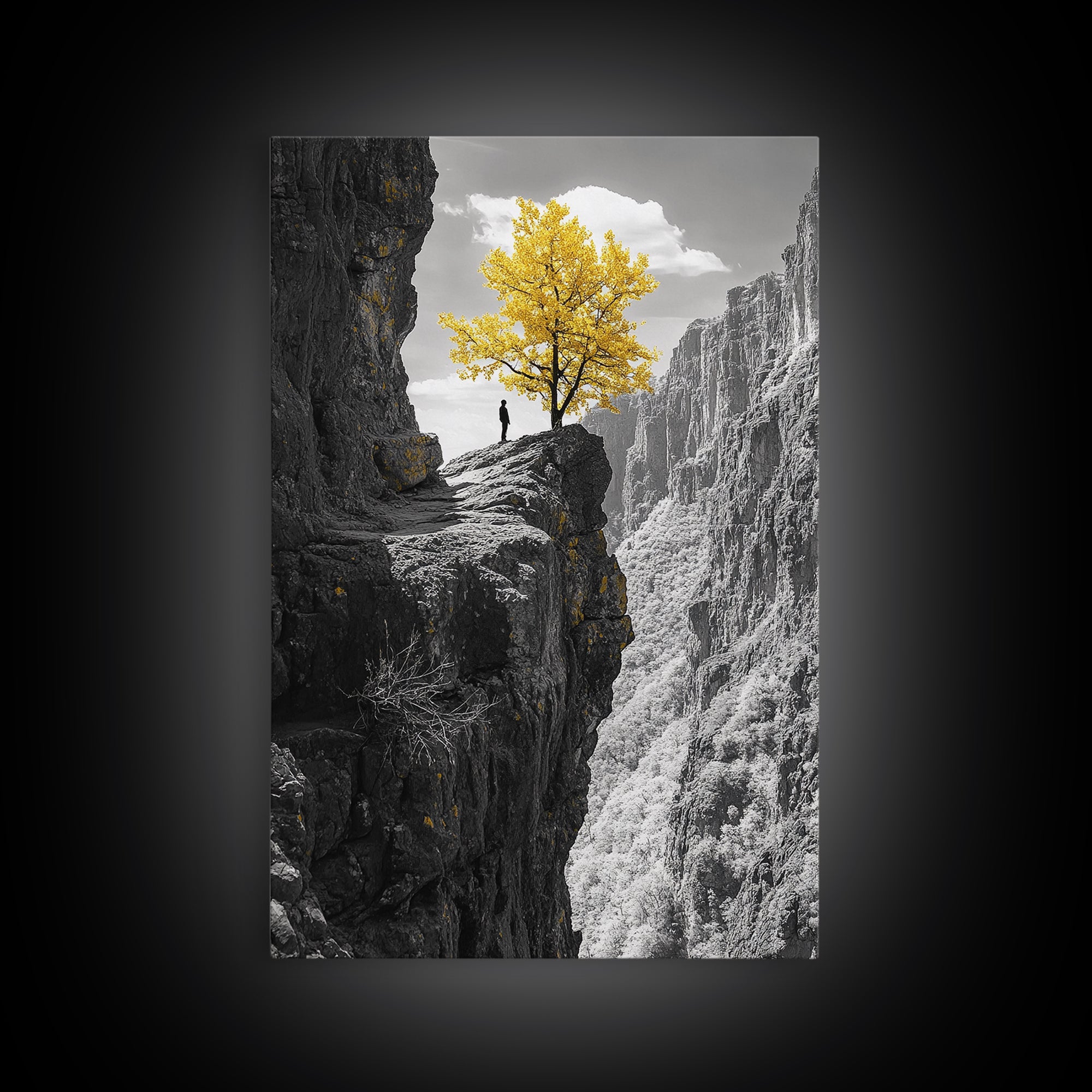 Cliff Tree, Yellow Foliage, Hiker Scene, Framed Canvas Print, Landscape Art, Fall Wall Decor, Adventure Wall Art, Office Statement Piece
