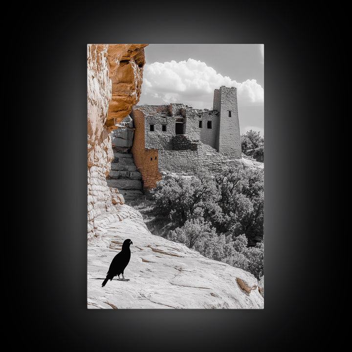 Desert Ruins, Black Bird, Ancient Architecture, Canvas Print, Historical Wall Art, Southwestern Decor, Moody Earth Tones, Living Room Art