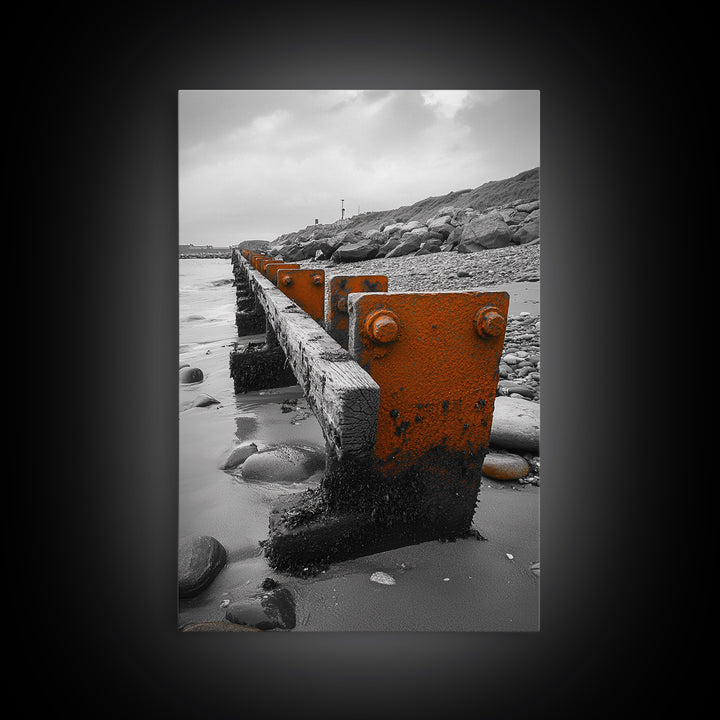 Coastal Breakwater, Rust Texture, Industrial Seascape, Framed Canvas Print, Modern Rustic Wall Art, Ocean Decor, Urban Beach Style