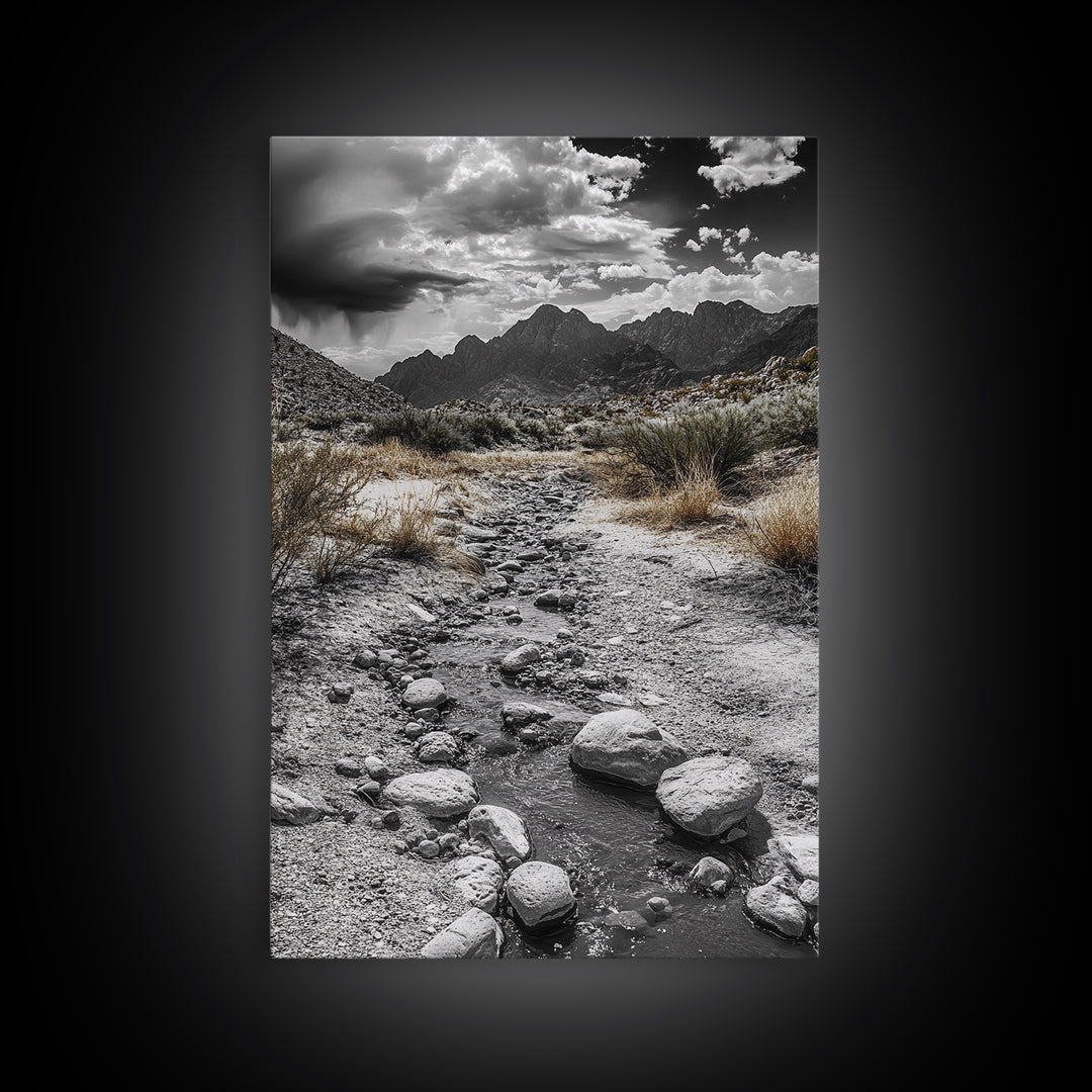 Desert Stream, Rocky Canyon, Moody Sky, Framed Canvas Print, Monochrome Landscape, Minimalist Art, Office or Entryway Decor
