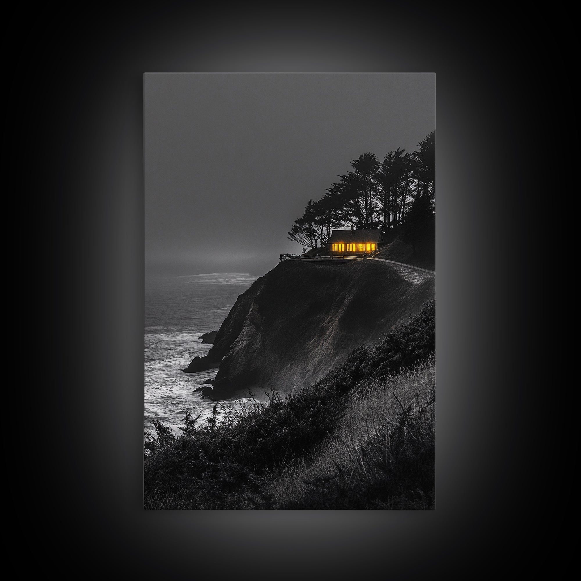 Cabin on Cliff, Moody Coastal Art, Glowing Window, Sunset Seascape, Framed Canvas Print, Minimalist Landscape, Living Room Wall Art