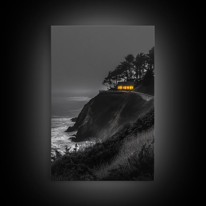 Cabin on Cliff, Moody Coastal Art, Glowing Window, Sunset Seascape, Framed Canvas Print, Minimalist Landscape, Living Room Wall Art