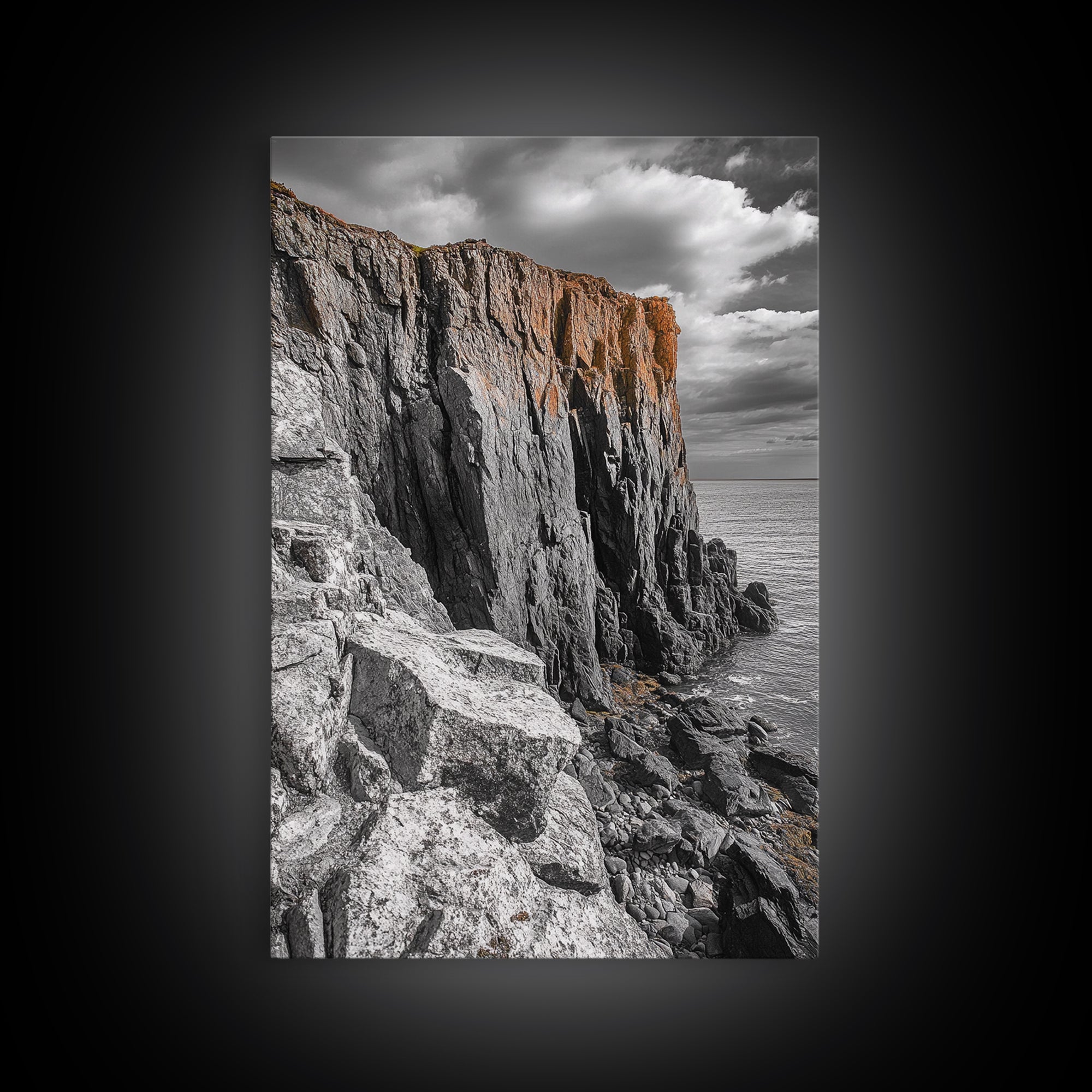 Rugged Cliff Coast, Ocean Rocks, Dramatic Sky, Seaside View, Framed Canvas Print, Coastal Decor, Living Room Wall Art, Earthy Tones