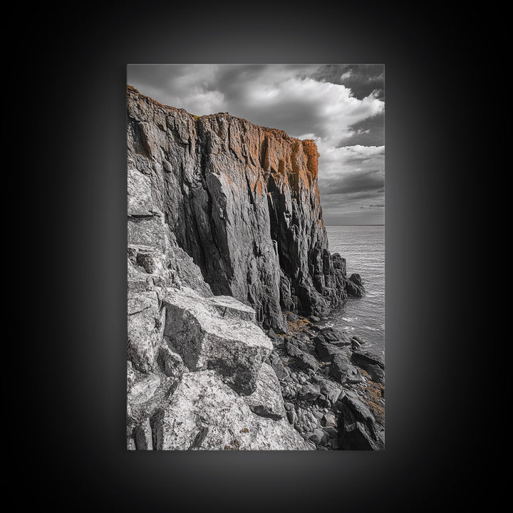 Rugged Cliff Coast, Ocean Rocks, Dramatic Sky, Seaside View, Framed Canvas Print, Coastal Decor, Living Room Wall Art, Earthy Tones