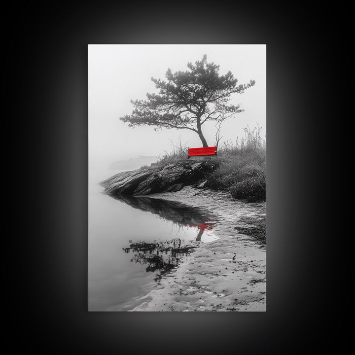 Red Bench, Misty Shore, Solitude Scene, Moody Fog Art, Framed Canvas Print, Minimalist Wall Art, Meditative Decor, Entryway Accent