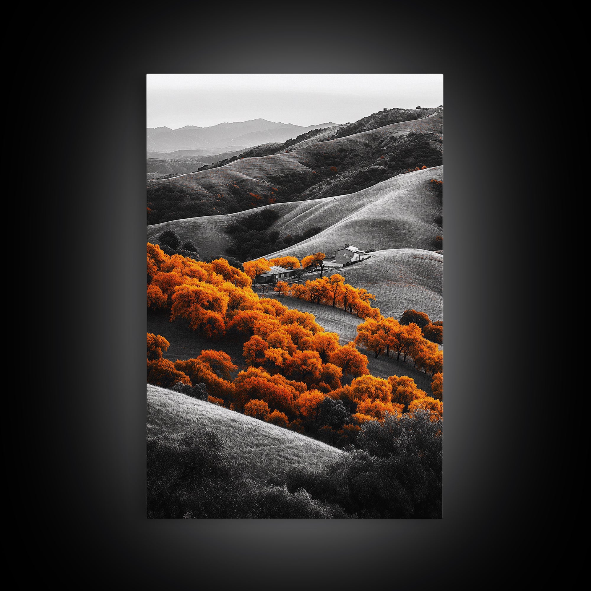 Autumn Hills, Vibrant Trees, Countryside View, Framed Canvas Print, Fall Landscape Art, Farmhouse Decor, Cozy Living Room Accent