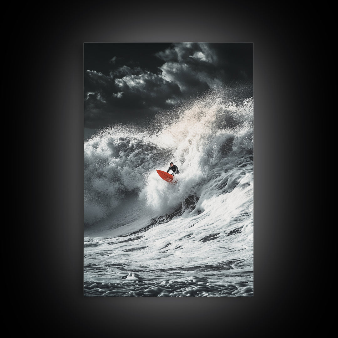 Surfer Wave, Ocean Power, Extreme Sports Art, Framed Canvas Print, Beach House Decor, Surfing Wall Art, Coastal Adventure Scene